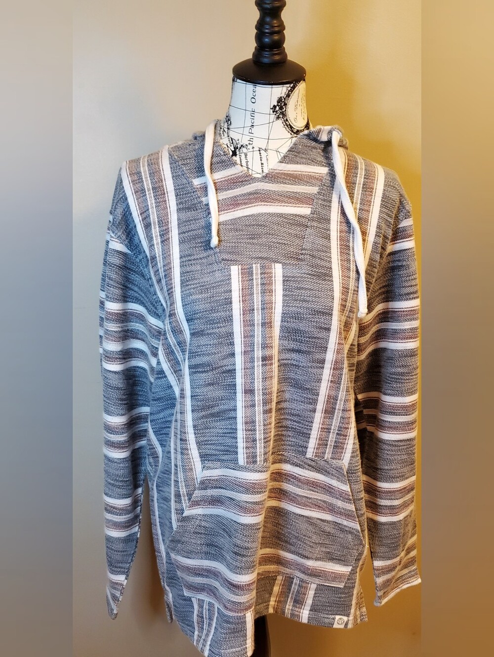 Free Planet Womens XL Baja Hoodie Striped Pullover Boho Hooded Top Gray White